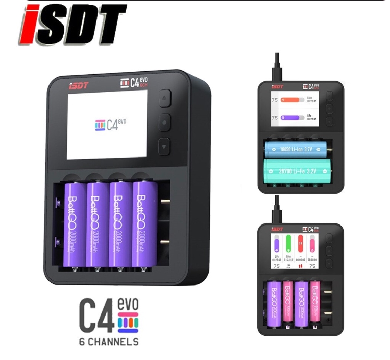 ISDT C4 EVO 36W 8A 6 Channels Smart Battery Charger & USB Output 18650 26650 26700 AA AAA Battery