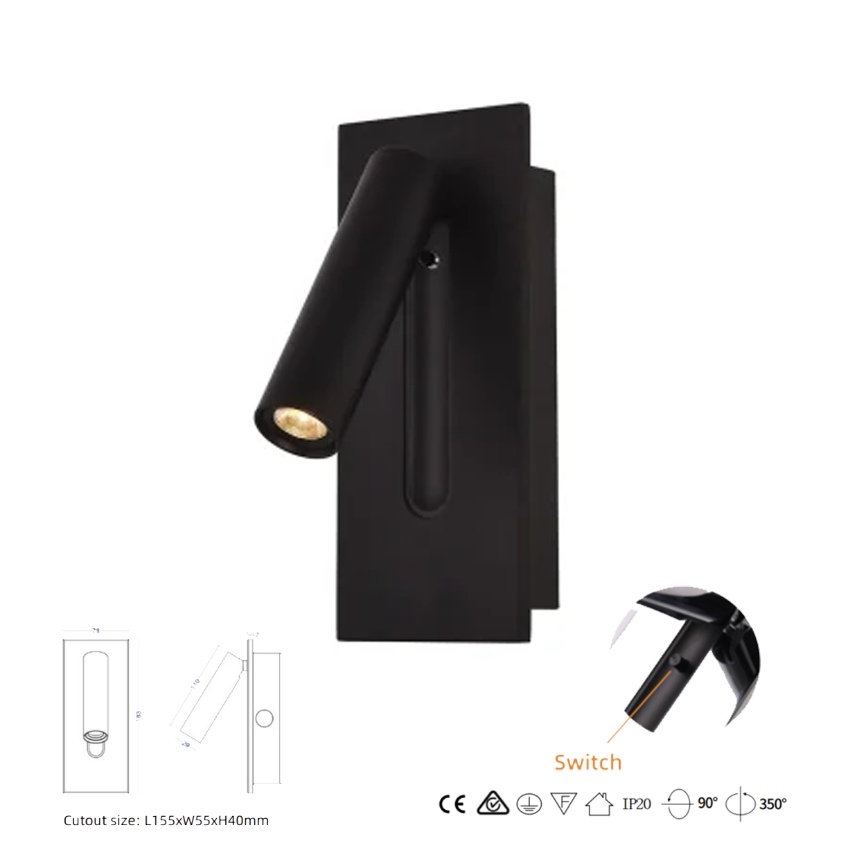 โคมไฟอ่านหนังสือติดผนัง Wall Reading Lamp Metal + Aluminium LED Cree 3W IP20 (KP033)