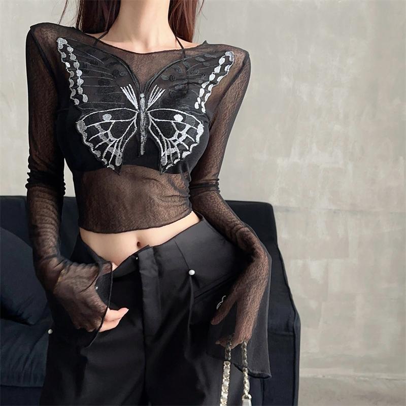 เสื้อครอปแขนยาว ซีทรู ลายผีเสื้อ สีดำ CN1112