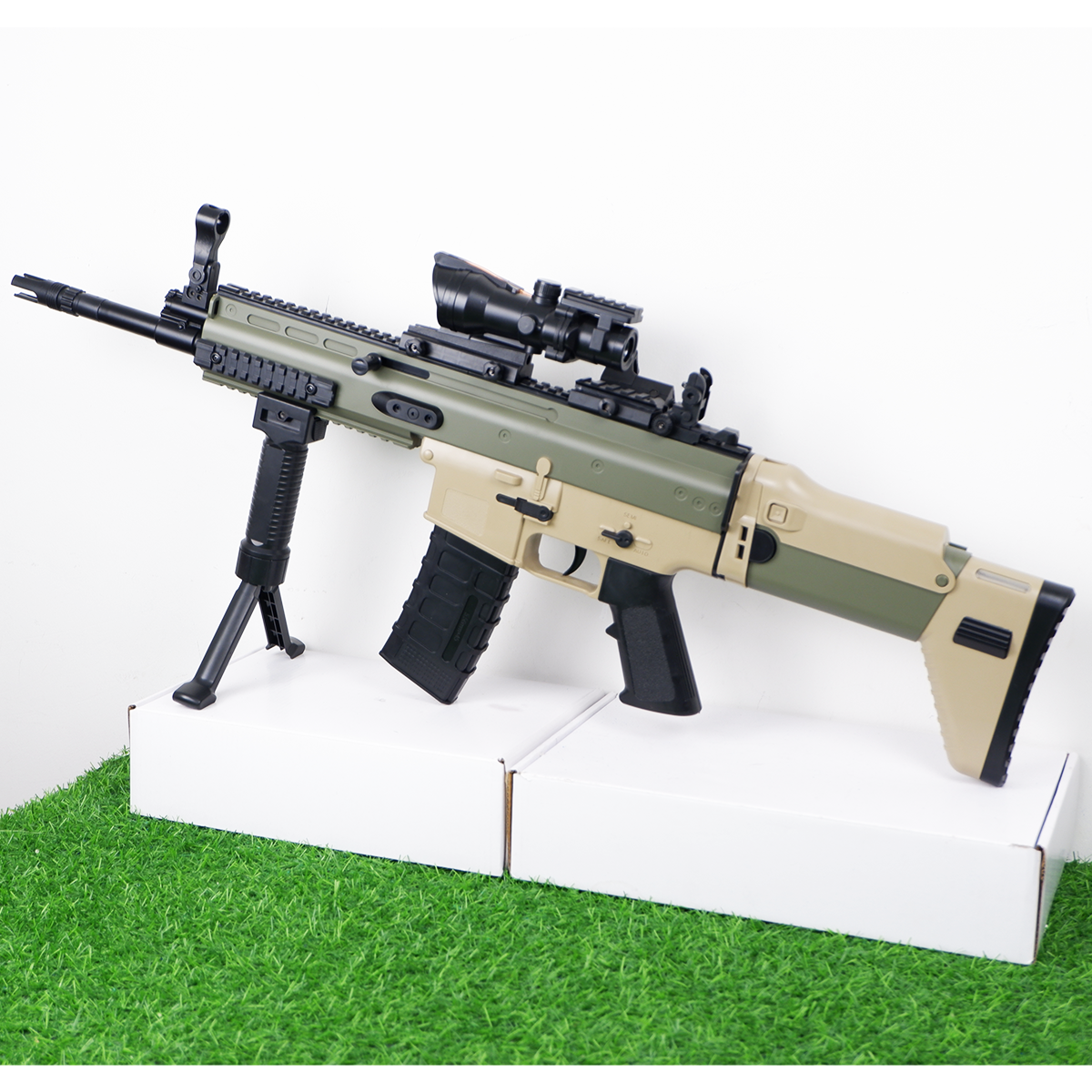 (30)SCAR สีทราย ตัวท็อป 220FPS ปืนเจลไฟฟ้า ของเล่นยิงรัวได้ Semi Auto ได้