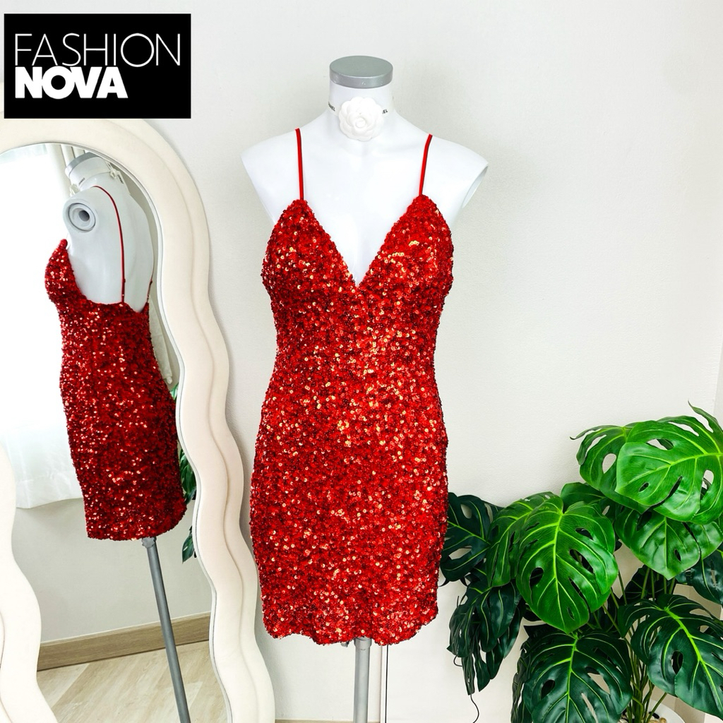 ไซด์ M แบรนด์ Fashion Novaแท้ 100%🌸เดรส เซ็กซี่ งานเกล็ดวิบวับ สีแดง ใส่ออกงาน ทรงเข้ารูป เดรสออกงาน ชุดปาร์ตี้