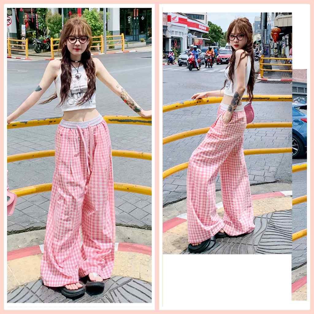กางเกงขายาว ทรงกระบอก ตารางขาว-ชมพู CN24310