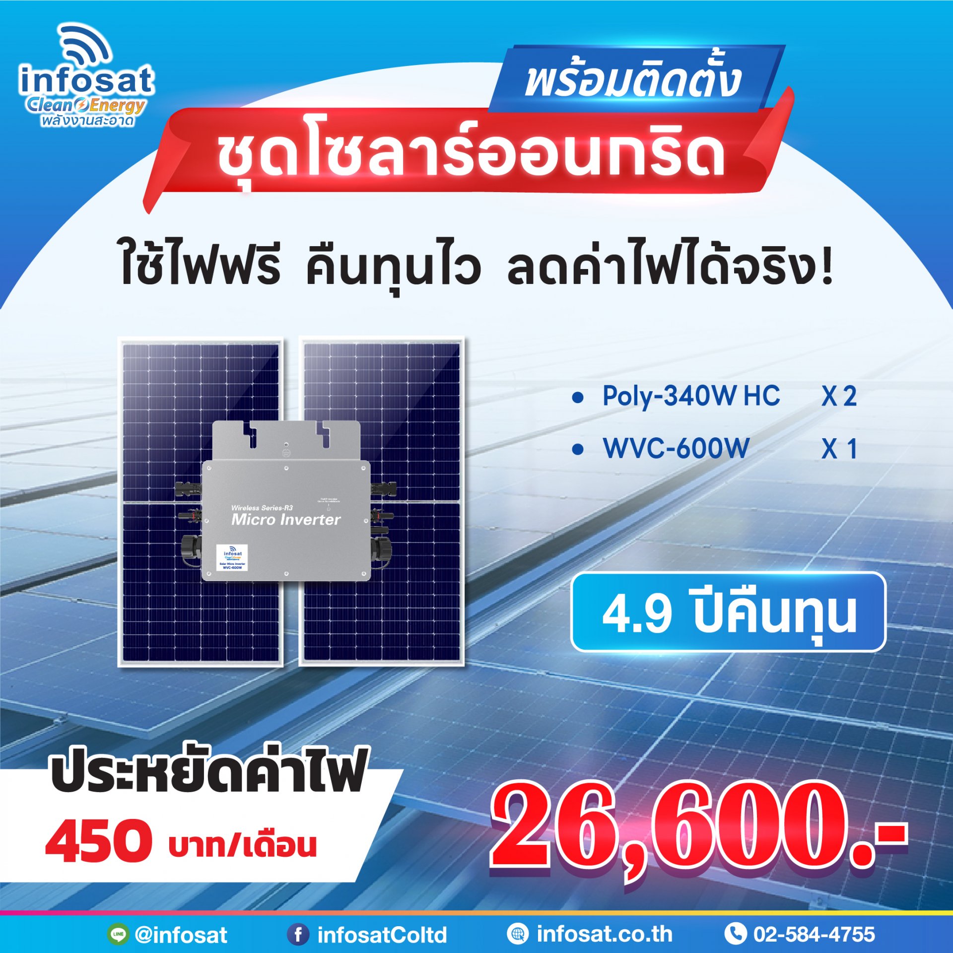 ชุดแนะนำรวมติดตั้ง ชุด On-Grid 600W Mono340-HC 2 แผง