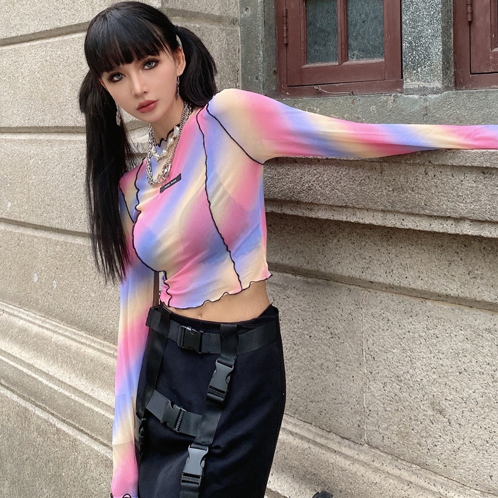 เสื้อครอป แขนยาว ซีทรู พาสเทล รหัส EDM002