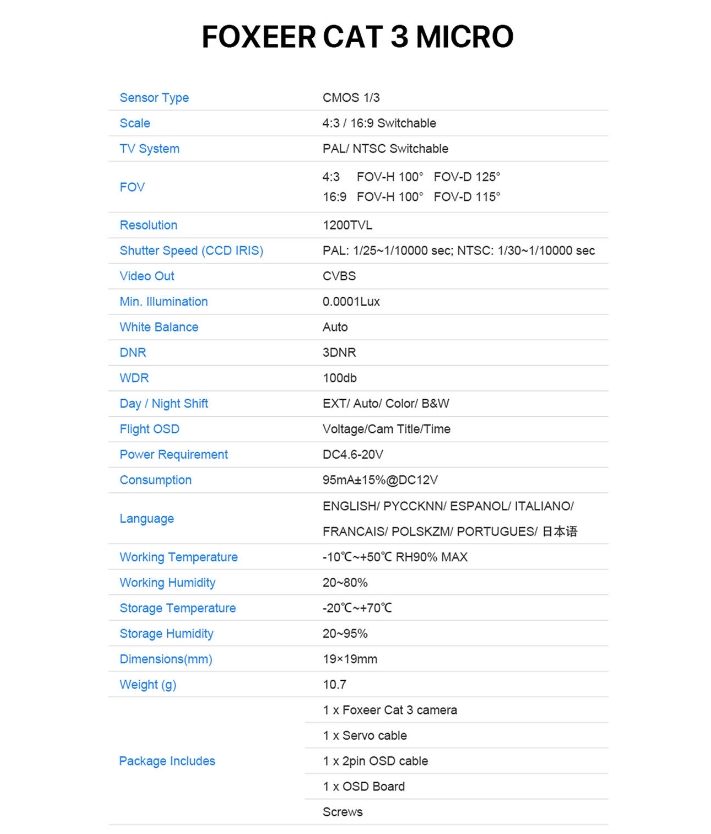 Foxeer Cat 3 Camera Mini Micro 1200TVL 0.00001lux FPV กล้อง รองรับ OSD บินกลางคืนชัดๆ กล้องโดรน