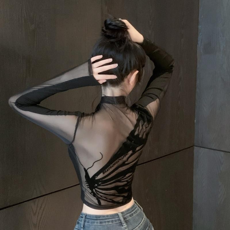 เสื้อครอปแขนยาว ซีทรู เสื้อโชว์หลัง สีดำ CN211