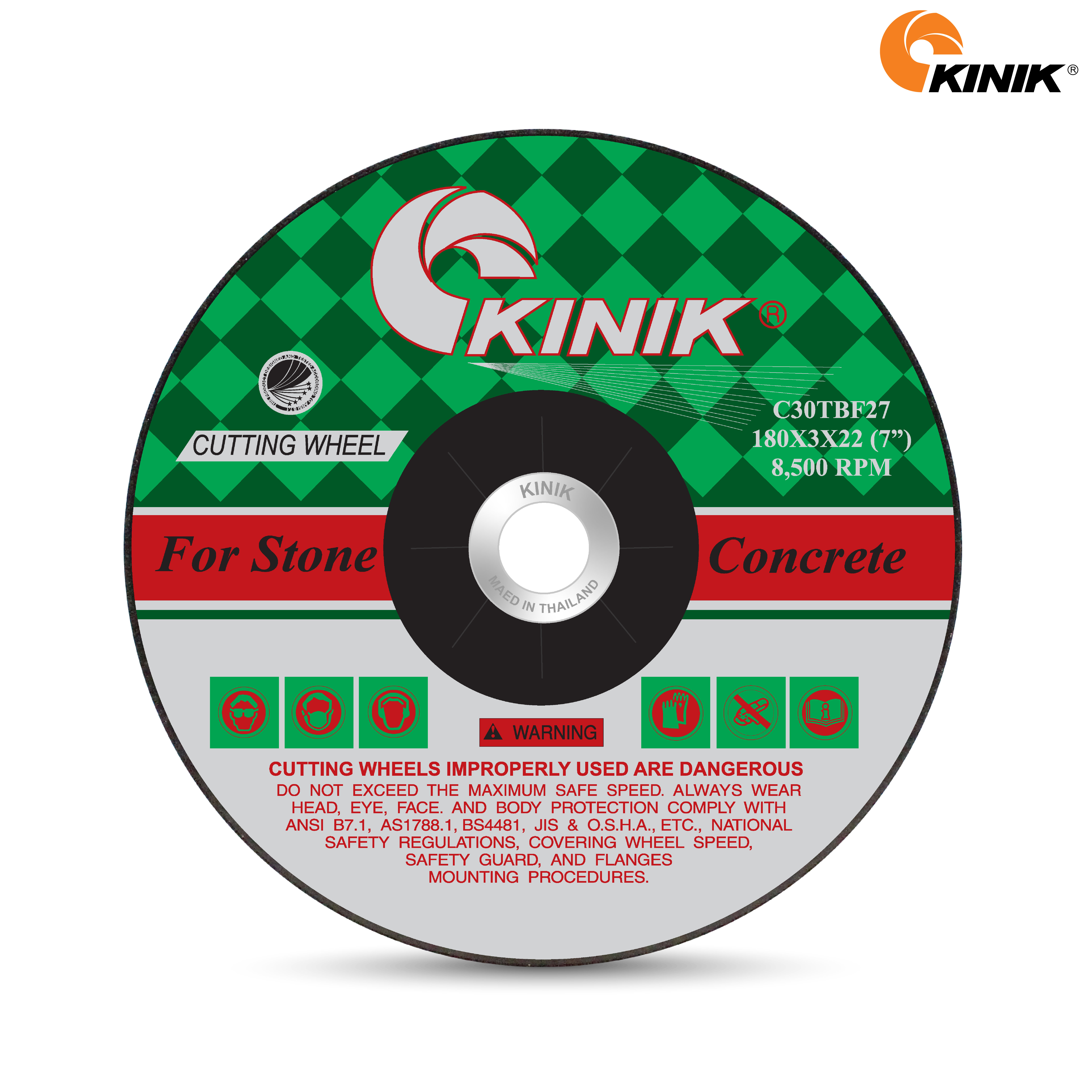 แผ่นตัดปูน KINIK C30TBF27 180x3x22 mm.
