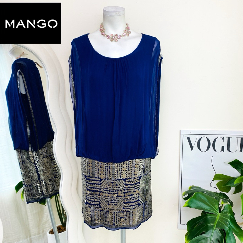 ไซด์ M แบรนด์ Mango แท้ 100%🌸เดรส แต่งโลหะ งานเกล็ดวิบวับ สีน้ำเงิน ใส่ออกงาน ทรงเข้ารูป เดรสออกงาน ชุดปาร์ตี้