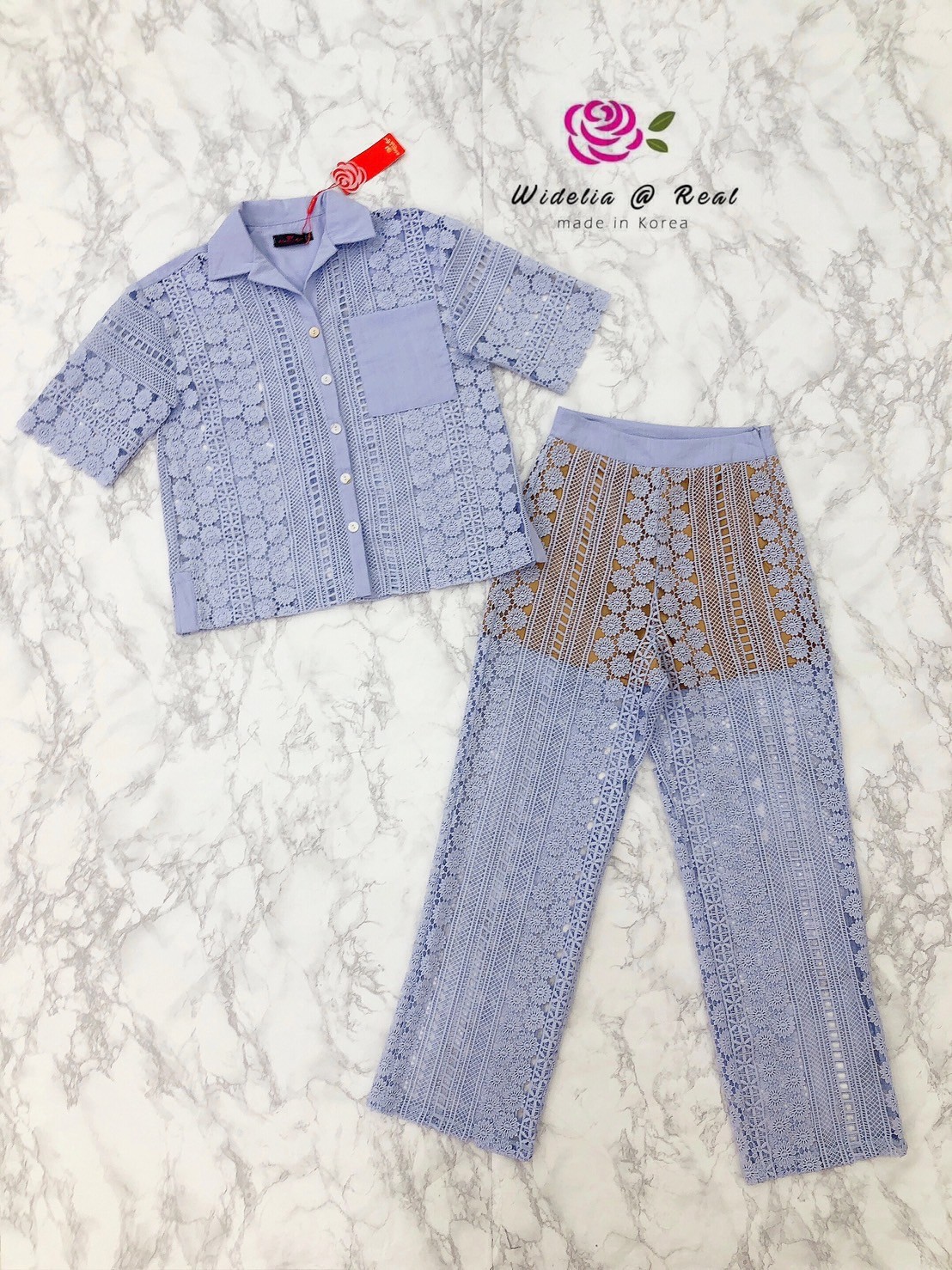 🌹 S 🌹 Widelia@Real Set Top & Pant เซ็ทเสื้อเชิ้ตแขนสั้นกับกางเกงขายาว (ม่วง)