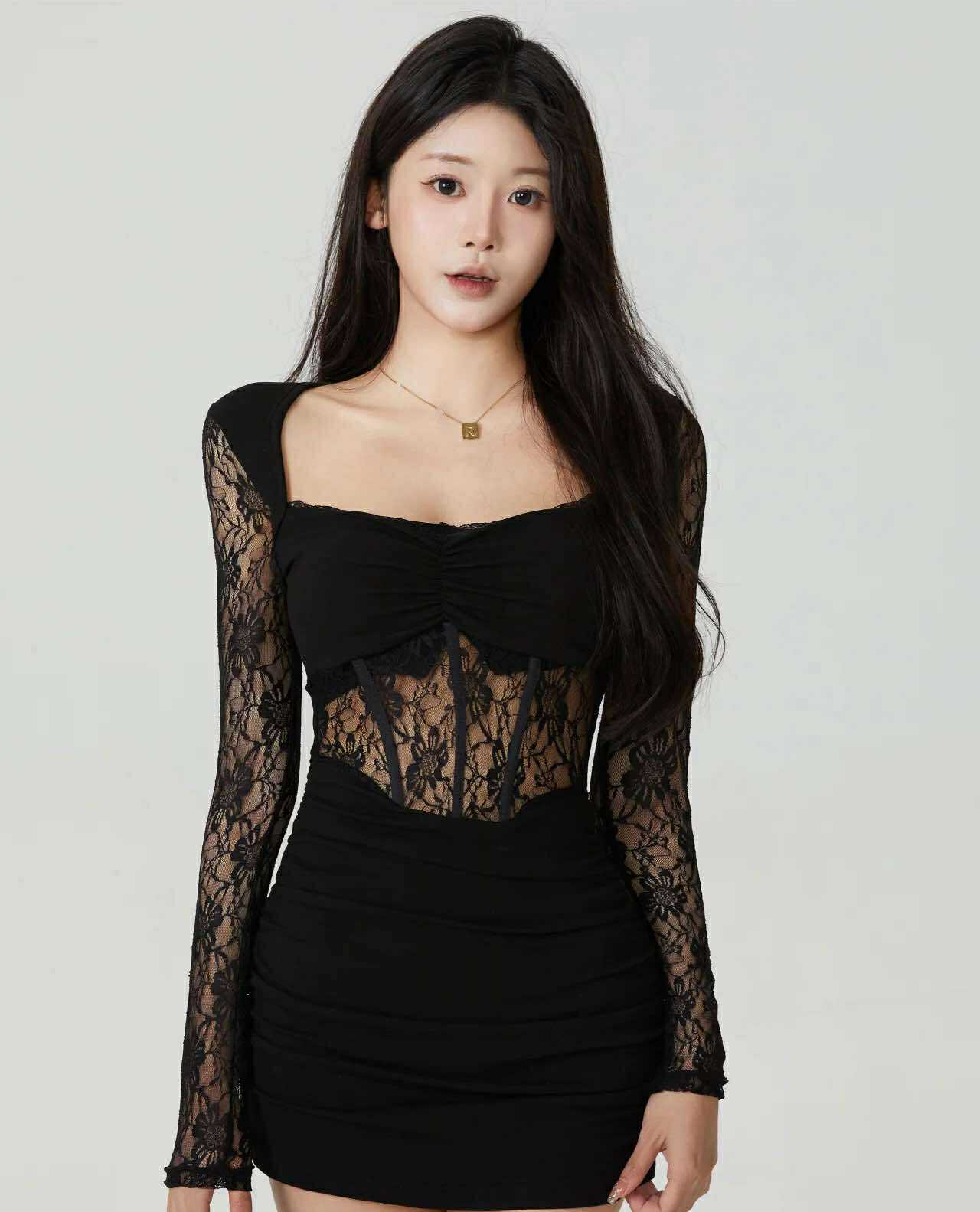 ชุดเดรสแขนยาว ลูกไม้ซีทรู เซ็กซี่ พร้อมส่งด่วนในไทย