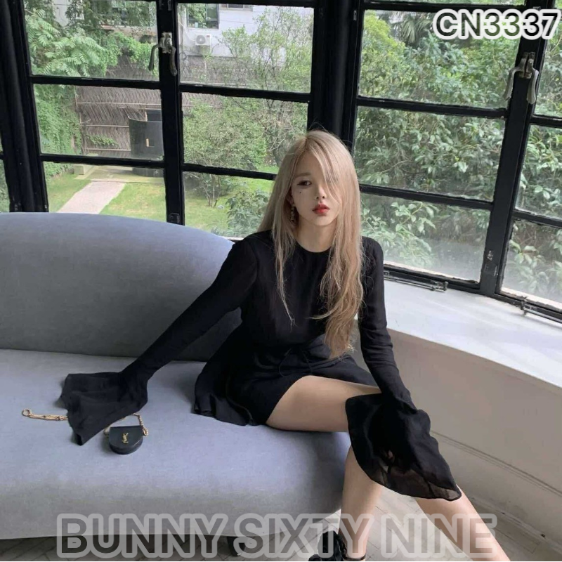 เดรสดำ โชว์หลัง ผ้าชีฟอง ท่อนบนซีทรู รหัส CN3337