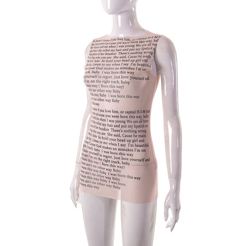 เสื้อซีทรู แขนกุด ลายอักษร เซ็กซี่ พร้อมส่งในไทย CN2492