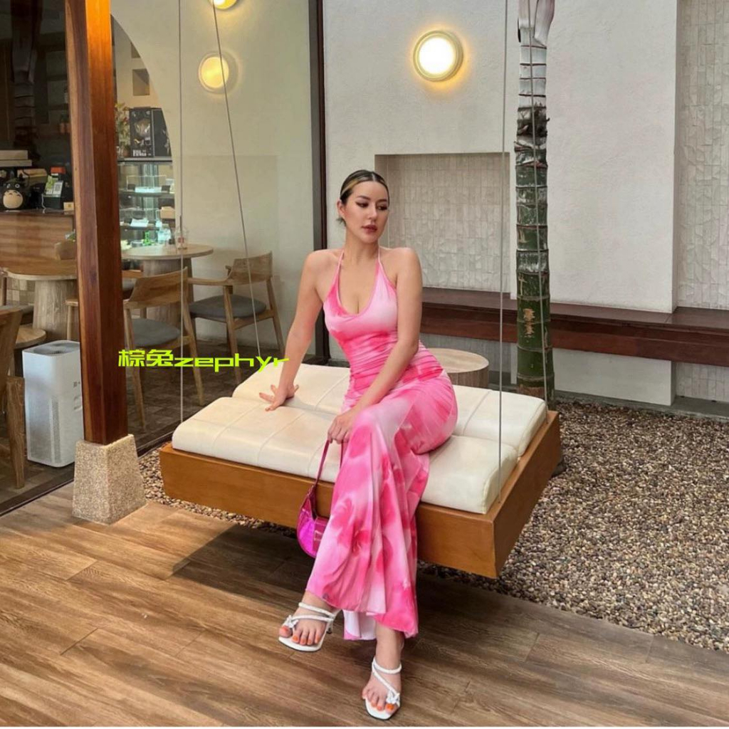 ชมพู เดรสยาว ดอกกุหลาบ เดรสสายเดี่ยว เซ็กซี่ GB420440