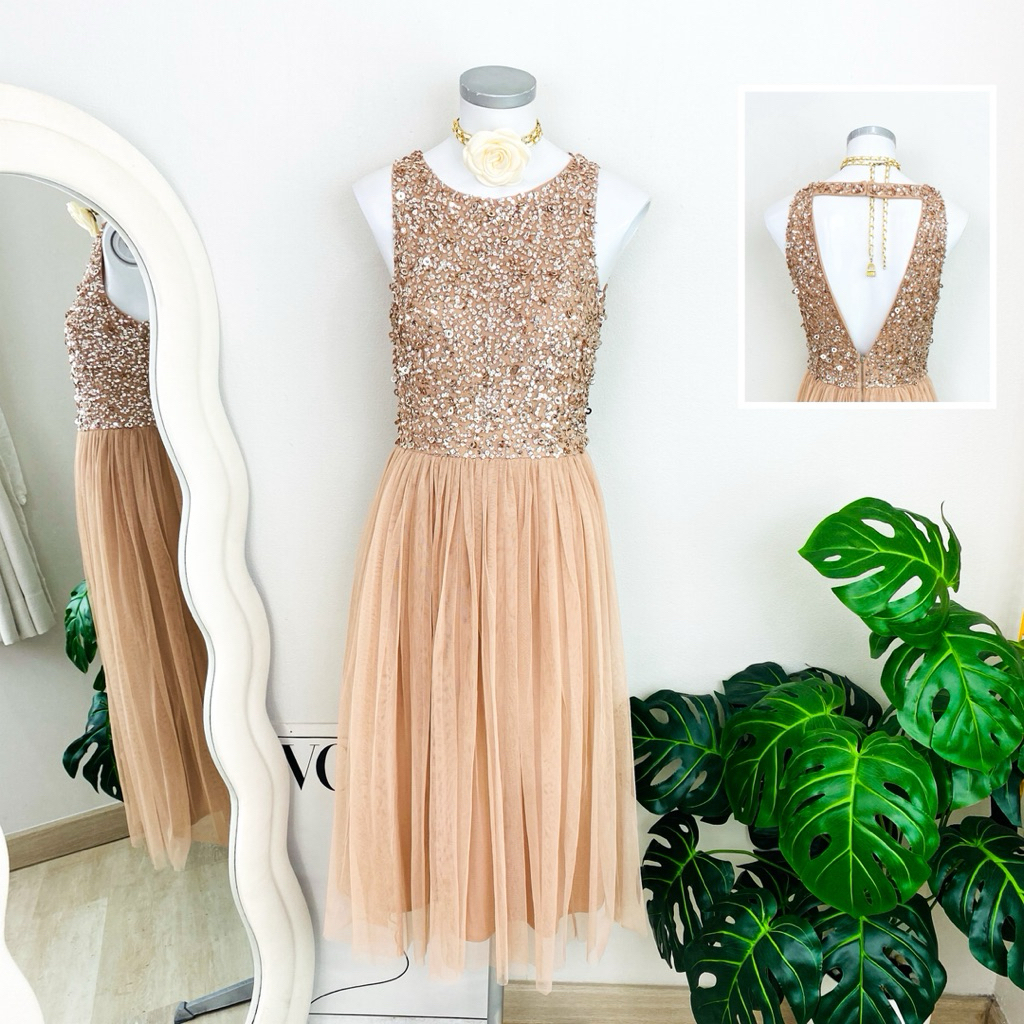 ไซด์ S-M แบรนด์ Maya แท้ 100%🌸เดรส โชว์หลัง งานเกล็ดวิบวับ สีโรสโกล ใส่ออกงาน ทรงเข้ารูป เดรสออกงาน ชุดปาร์ตี้
