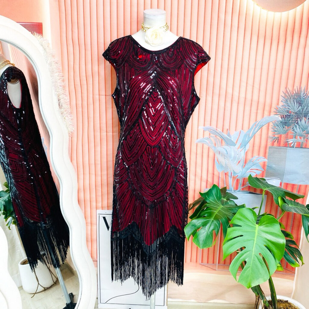 ไซด์ XXL แบรนด์ Fundaisy แท้ 100% 🌸 แกสบี้ เดรส Gatsby งานเกล็ดวิบวับ สีแดงไวน์/ดำ ใส่ออกงาน ชุดราตรีแกสบี้ ชุดปาร์ตี้