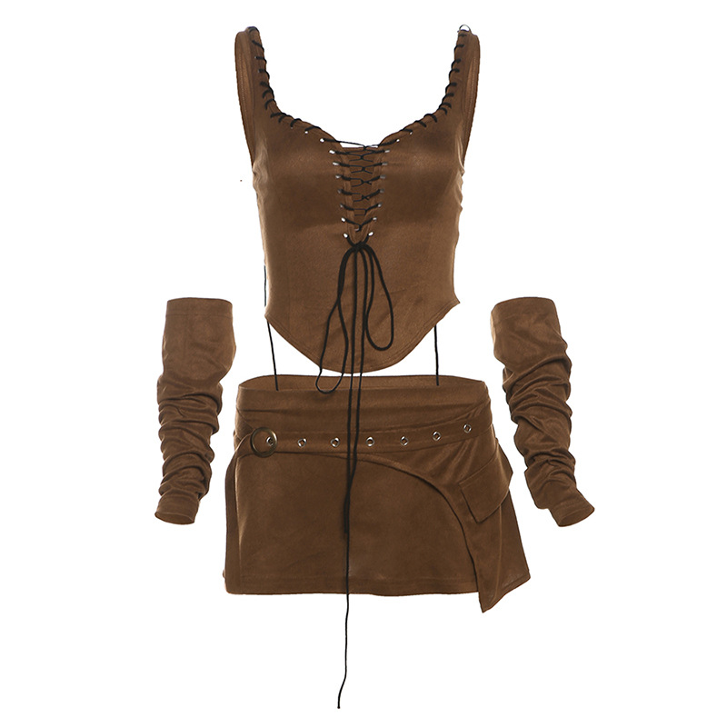 ชุดเซท เสื้อ+กระโปรง+ปลอกแขน สีน้ำตาล CN50563 พร้อมส่งในไทย