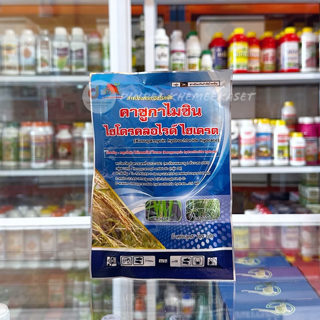 คาซูกาไมซิน ไฮโดรคลอไรด์ไฮเดรต ขนาด 100 กรัม สารป้องกันกำจัดเชื้อราเเละเเบคทีเรีย กำจัดโรค ใบไหม้ ขอบใบเเห้ง