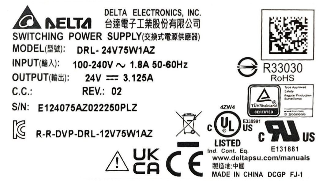 DRL-24V75W1AZ Output 24V/3.1A (75W) Delta Power Supply