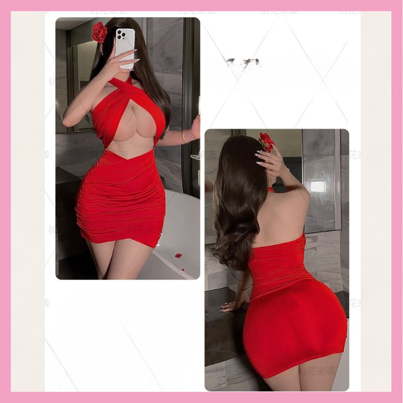 ชุดเดรส คล้องคอ สีแดง เซ็กซี่ X5677-O