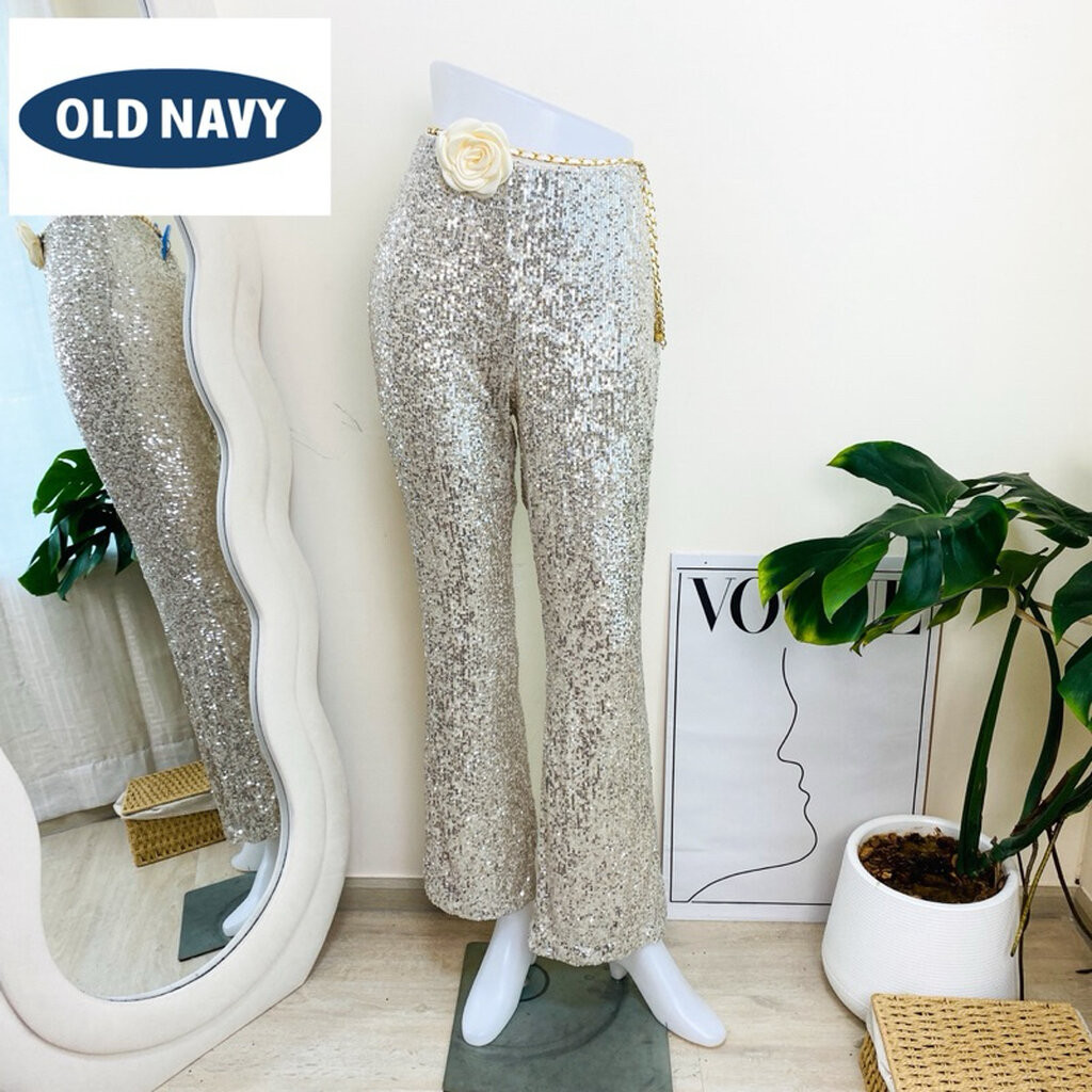 ไซด์ S-M แบรนด์ Old nacy แท้ 100%🌸กางเกง เอวสูง งานเกล็ดวิบวับ สีเงิน ใส่ออกงาน ชุดออกงาน ชุดปาร์ตี้