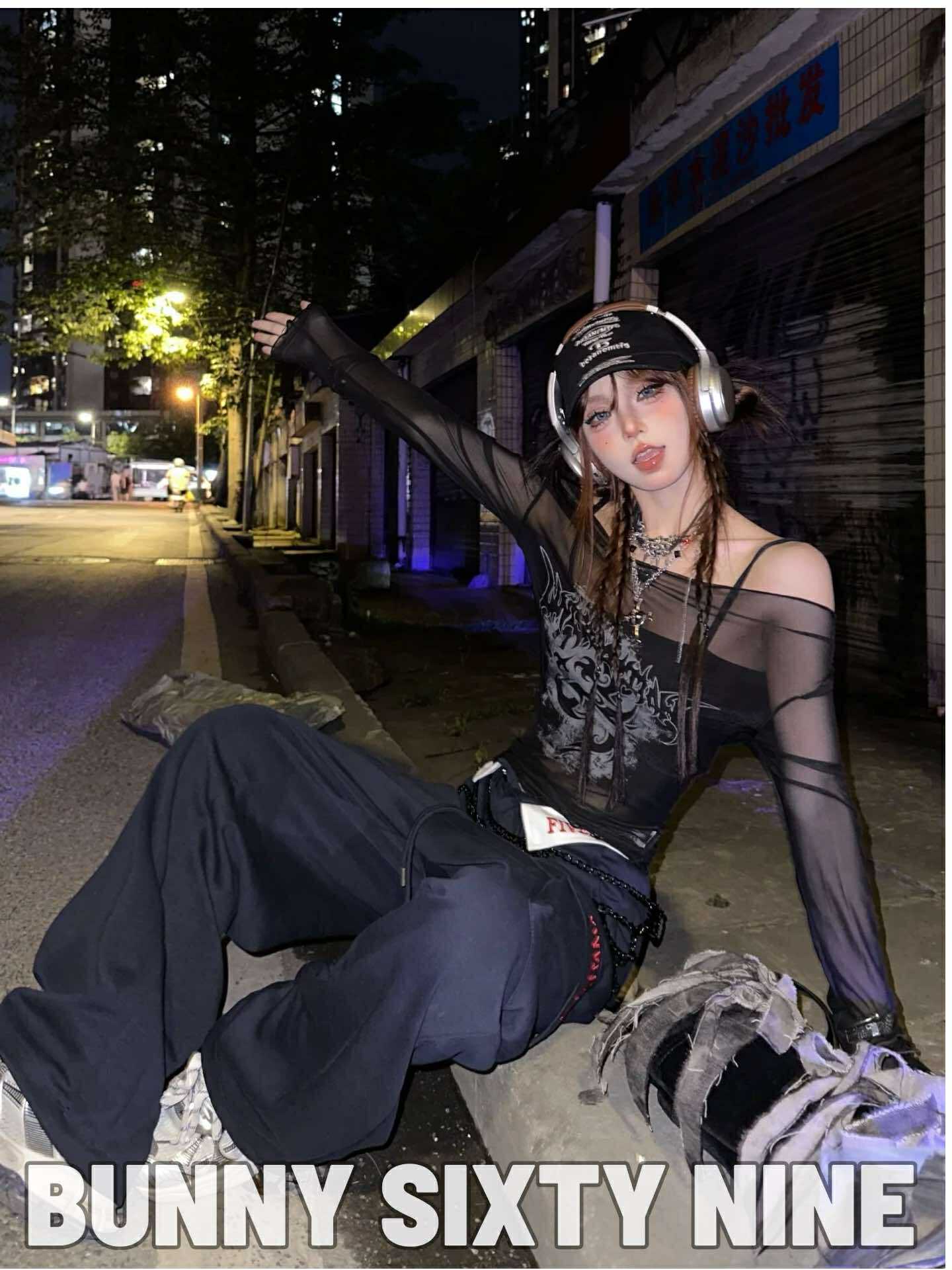 เสื้อแขนยาวซีทรู สีดำ สไตล์ร็อค พร้อมส่งในไทย