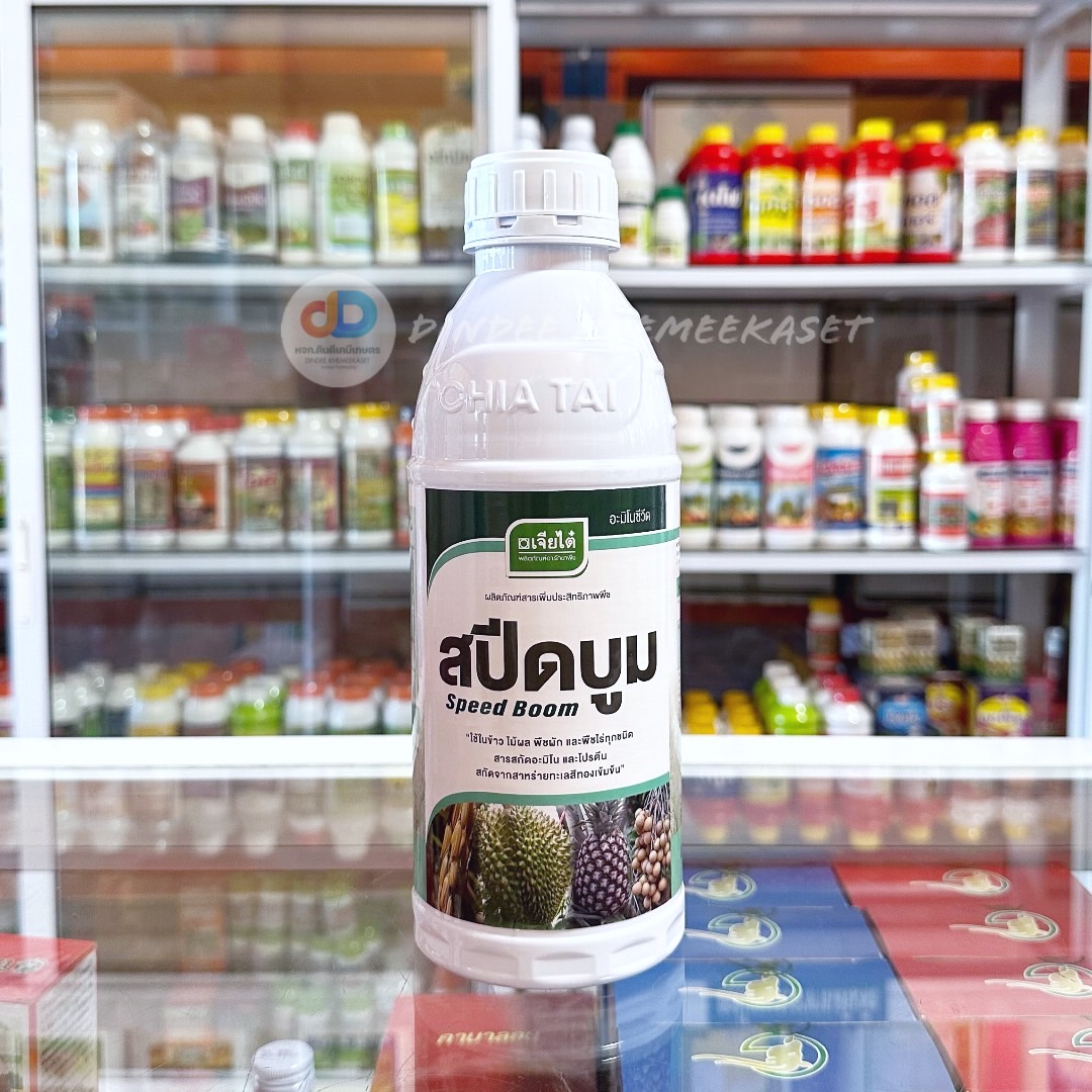 สปีดบูม ขนาด 1 ลิตร สาหร่ายทะเล + อะมิโน ตราเจียไต๋ อ็อกซิน จิบเบอเรลลิน และไซโตไคนิน ทำให้ช่วยกระตุ้นการแตกยอด การเปิดตาดอก