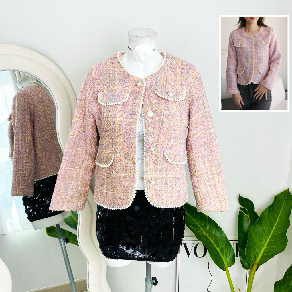 ไซด์ S-M แบรนด์ Fashion แท้ 100%🌸เสื้อแขนยาวผ้าทวิต Luxury ปักมุก Tweed งานวิบวับ สีชมพู ใส่ออกงาน ชุดปาร์ตี้