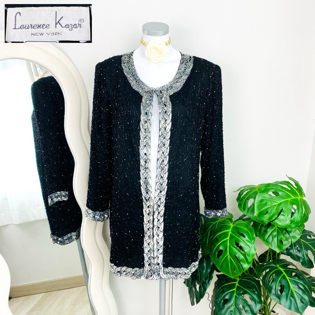 ไซด์ XL แบรนด์ Lauren kogan แท้100%🌸เบลเซอร์ วินเทจ Luxury สีดำ/เงิน งานเกล็ด งานปักปล้อง ใส่ออกงาน ชุดปาร์ตี้
