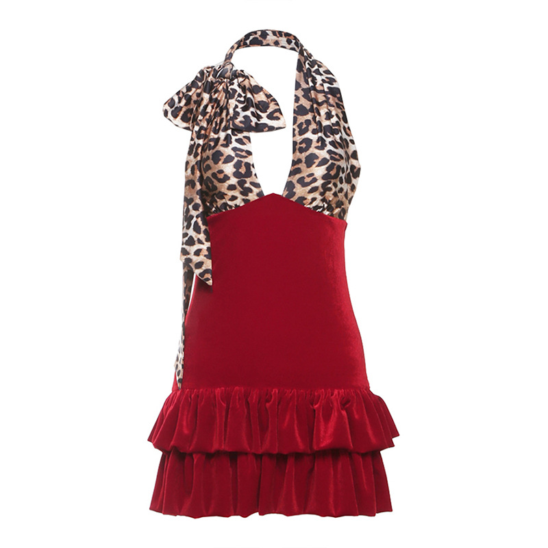 ชุดเดรส ลายเสือ สีแดงกำมะหยี่ CN58543