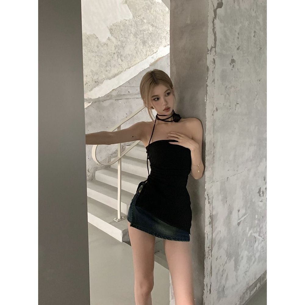 เสื้อเกาะอก+โชว์เกอร์คอ กุหลาบ พร้อมส่ง CN2566