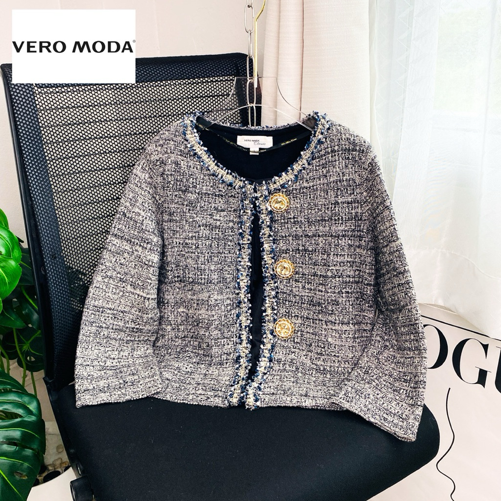 ไซด์ M แบรนด์ Vero moda แท้ 100%🌸เสื้อแขนยาวผ้าทวิต กระดุมหน้า ผ้าทวิต Tweed งานวิบวับ สีฟ้า/ครีม ใส่ออกงาน ชุดปาร์ตี้