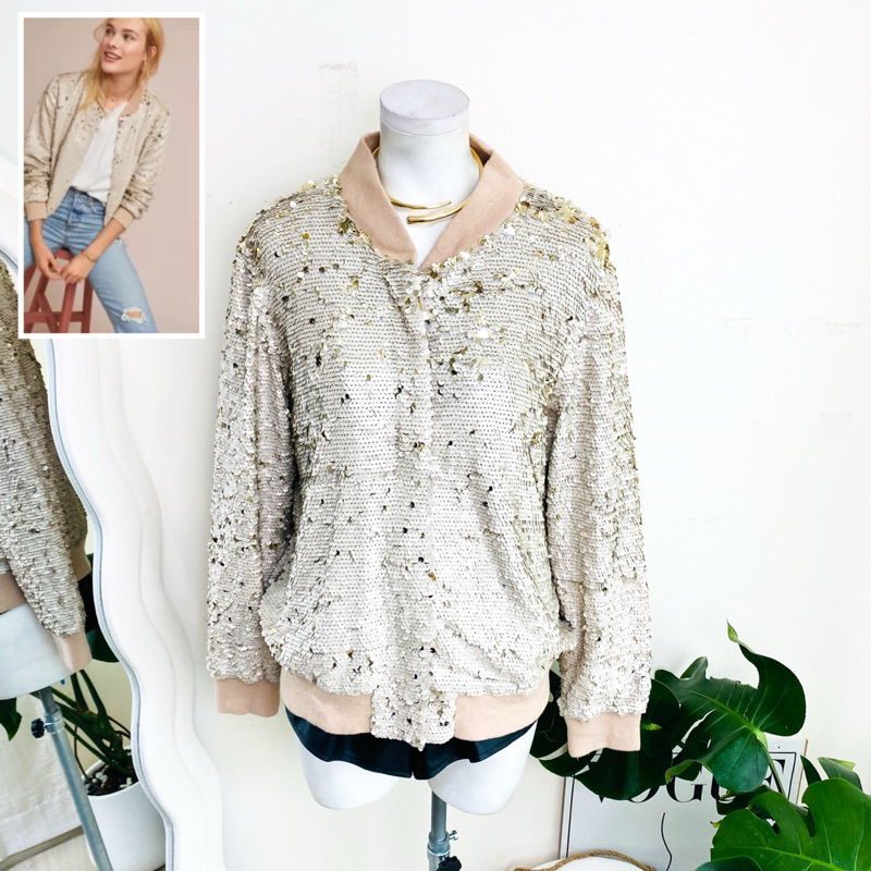 ไซด์ XL แบรนด์ blank แท้ 100%🌸แจ็คเก็ต ซีควินท์ Jackets เบสบอล งานเกล็ดวิบวับ สีครีม/ทอง ใส่ออกงาน ชุดปาร์ตี้