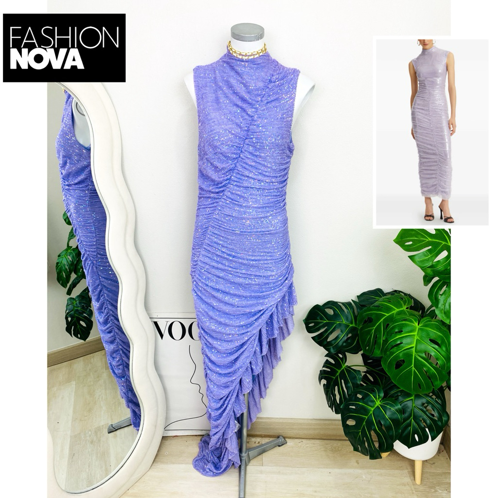ไซด์ S-M แบรนด์ Fashion Nova แท้ 100%🌸Maxi dress เดรสยาว ทรงหนอน งานเกล็ดวิบวับ สีม่วง purple เดรสออกงาน ชุดปาร์ตี้