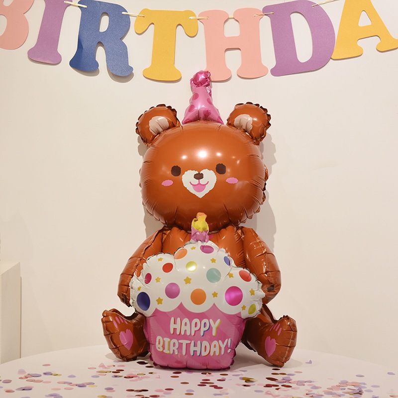 ลูกโป่ง หมีใหญ่ หมีถือเค้ก 4D หมีตกแต่งงานเลี้ยงวันเกิด