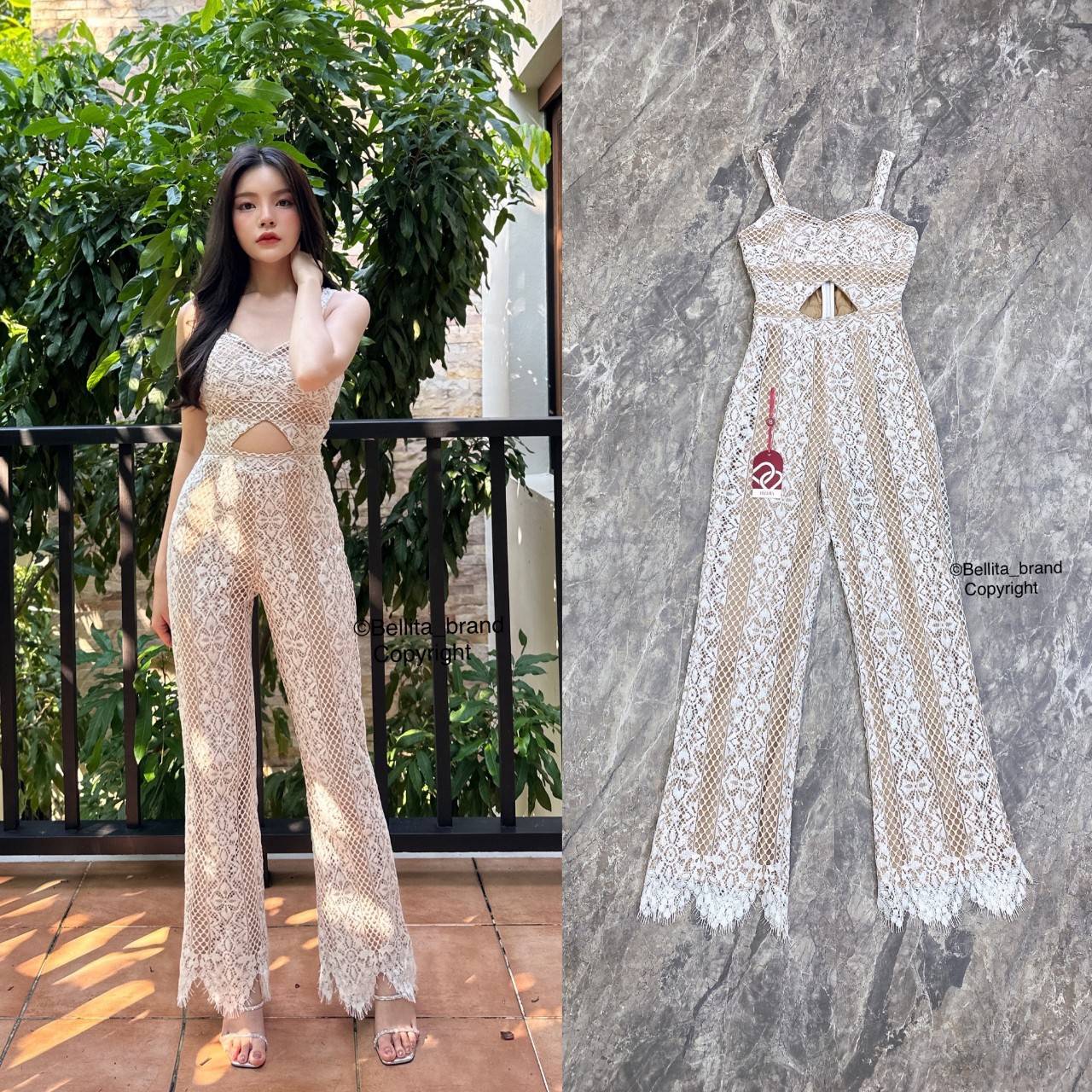 🍒 S 🍒 ป้าย Bellita จั๊มสูทสายเดี่ยวขายาวผ้าลูกไม้ทั้งชุด
