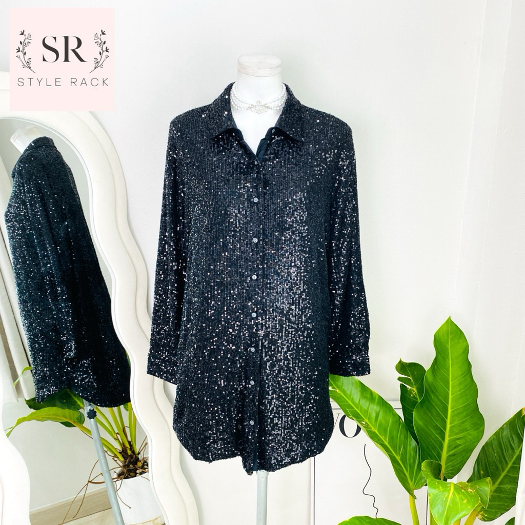 ไซด์ L-XL แบรนด์ SR แท้ 100%🌸เดรส ทรงเชิ้ต Luxury งานเกล็ดวิบวับ สีดำสนิท ใส่ออกงาน ทรงเข้ารูป เดรสออกงาน ชุดปาร์ตี้