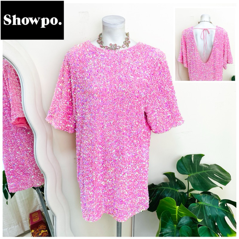 ไซด์ XXL แบรนด์ Showpo. แท้ 100%🌸เดรส ผ้ากำมะหยี่ โชว์หลัง งานเกล็ดวิบวับ สีชมพูบาร์บี้ เดรสออกงาน ชุดปาร์ตี้(11)