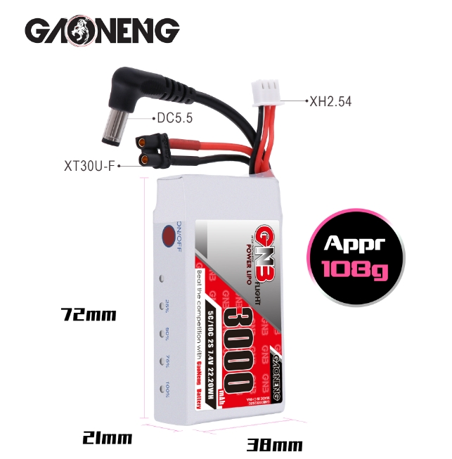 GNB 2S 3000mAh 7.4V 5C 10C LiPo Battery for Fat Shark Fatshark , DJI FPV , Skyzone แบตแว่น FPV