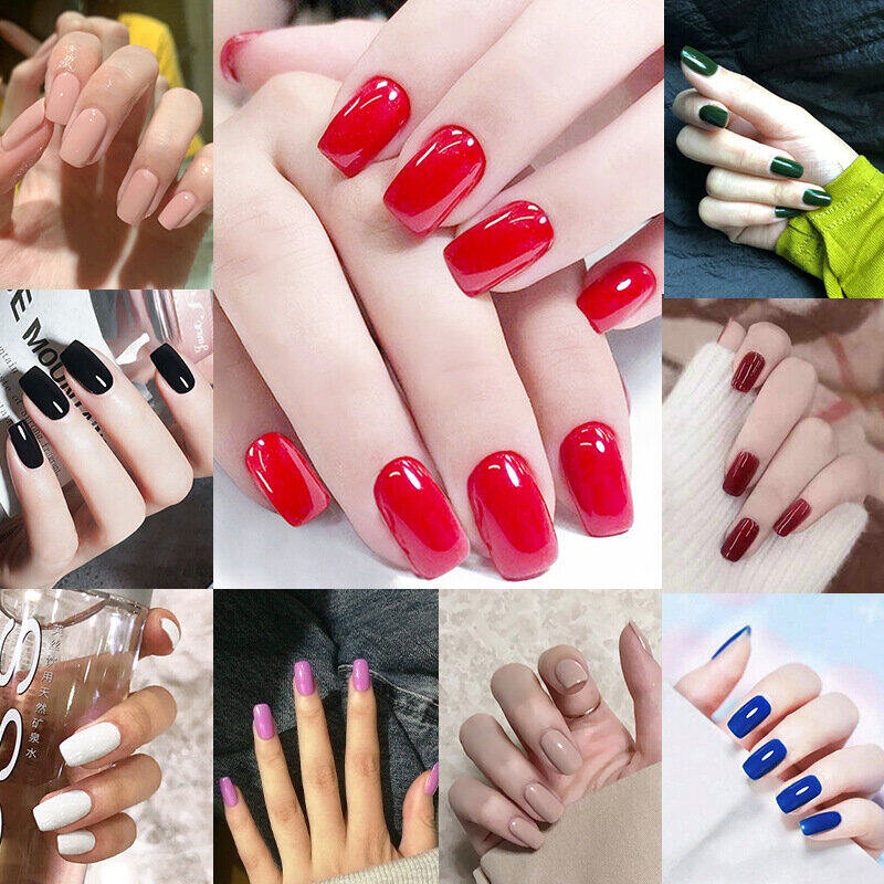 PPHOO✨#C เล็บปลอม พร้อมส่ง สีพื้น สีเงา 24 ชิ้น