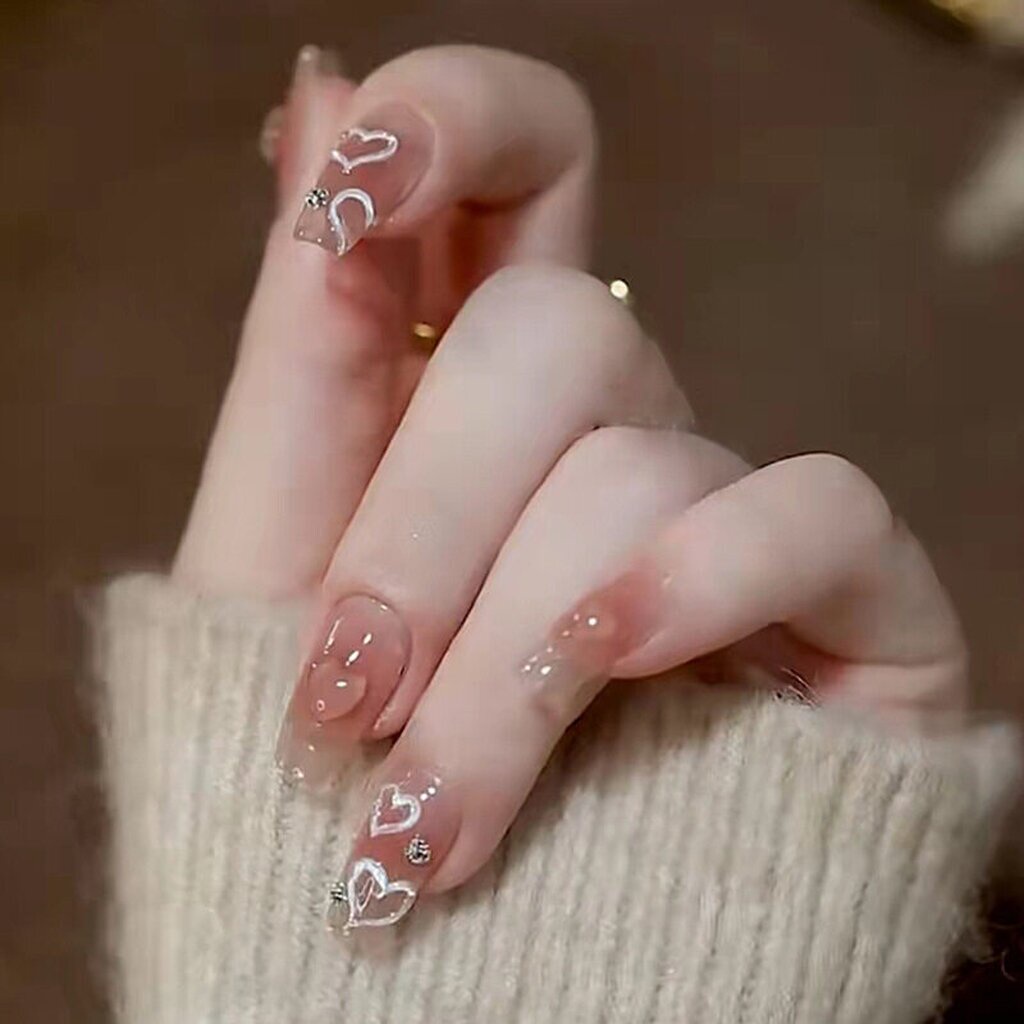 PPHOO✨ เล็บปลอม พร้อมส่ง Z261 หัวใจ น้ำตาล ชมพู ดอกไม้ ประกาย เล็บ24 ชิ้น สำเร็จรูป กันน้ำ แถมกาว สำหรับติดเล็บ