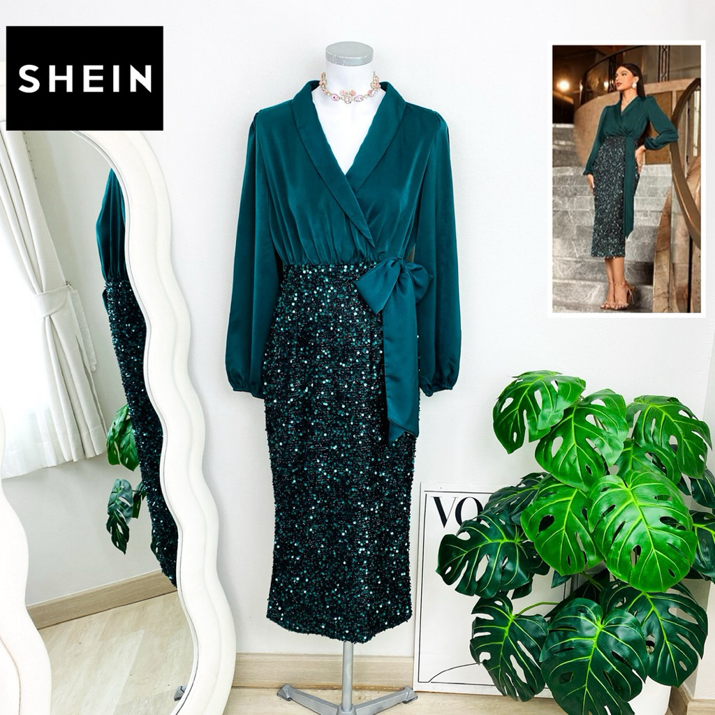 ไซด์ M-L แบรนด์ Shein แท้ 100%🌸เดรส ทรงเชิ้ต คลุมเข่า ผูกโบว์เอว ขนมิ้ง งานเกล็ดวิบวับ สีเขียว เดรสออกงาน ชุดปาร์ตี้
