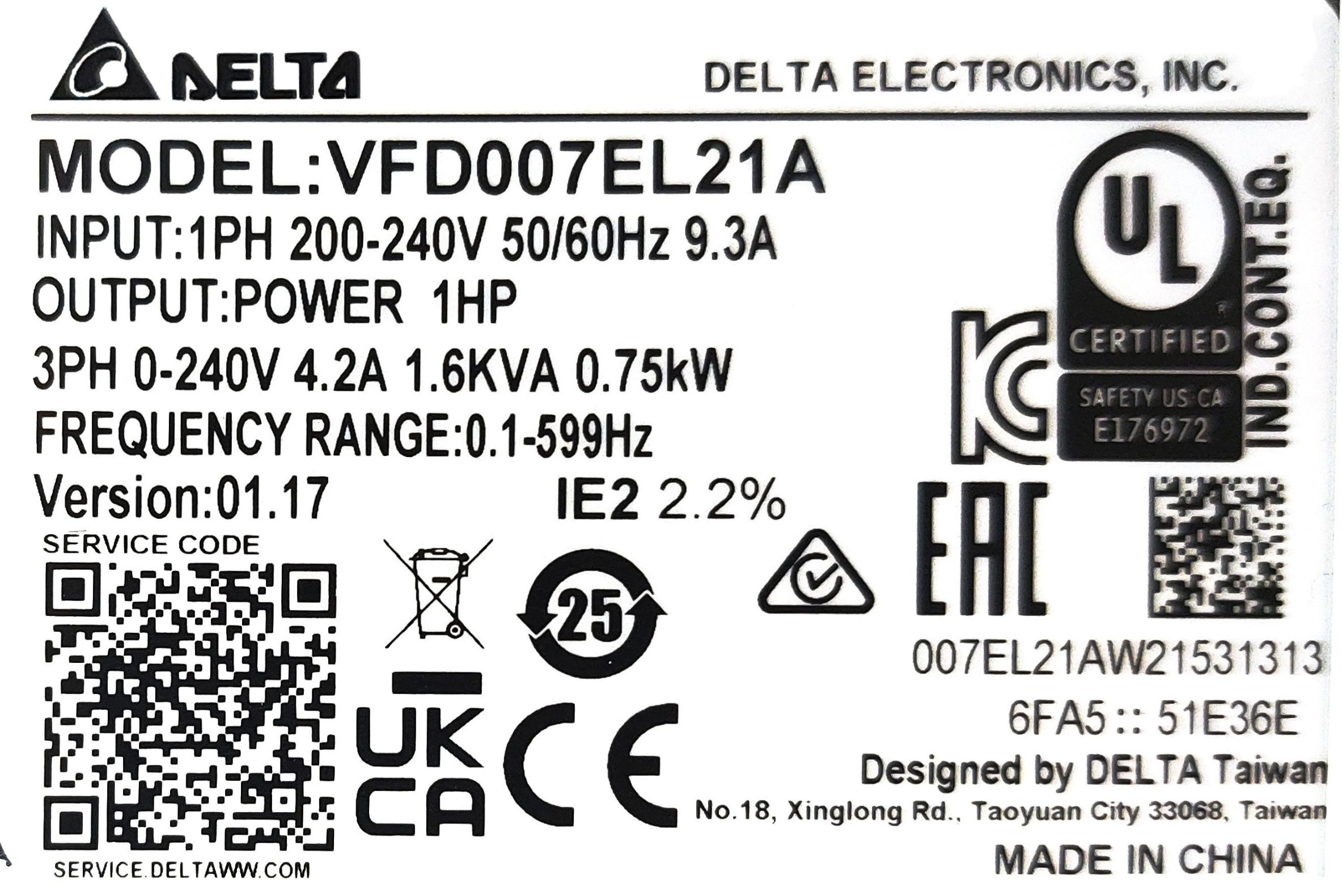 Delta Inverter VFD-EL Model VFD007EL21A 1HP 0.75kW Input 220V