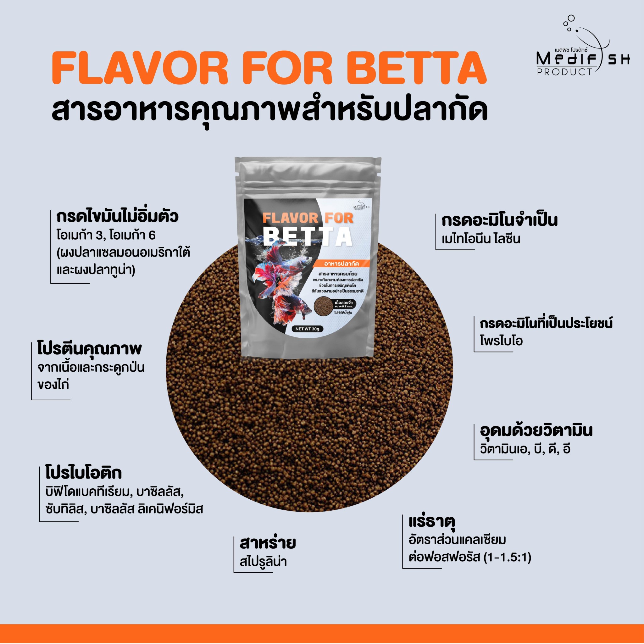 FLAVOR FOR BETTA 30g.(อาหารปลากัด เม็ดลอยน้ำ สูตรเร่งสี เร่งโต เกล็ด ครีบ แข็งแรง ไม่ทำให้น้ำขุ่น)