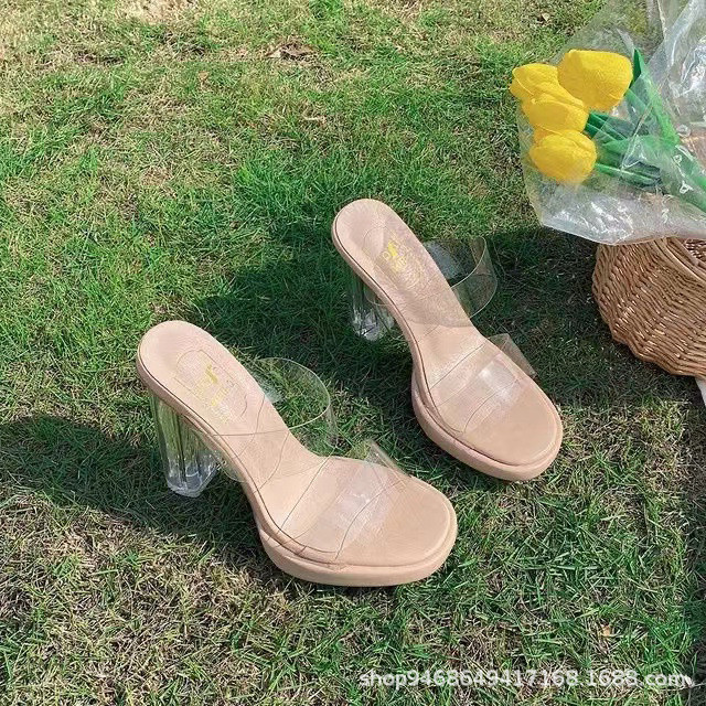 รองเท้าส้นสูง รองเท้าสวมส้นแก้ว สายใส สูง 4 นิ้ว SH002