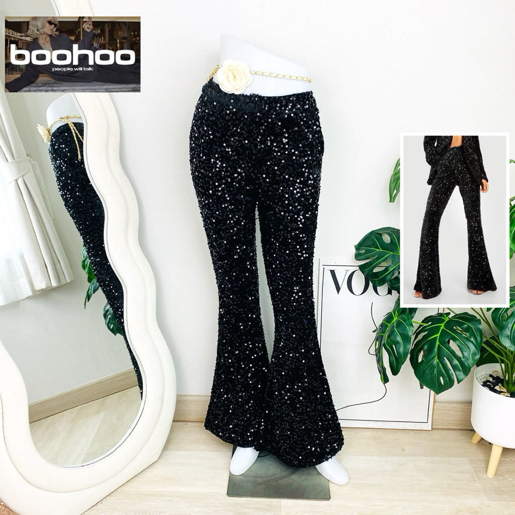ไซด์ S มือ1 แบรนด์ boohoo แท้ 100%🌸กางเกง ผ้ากำมะหยี่ Luxury เอวสูง งานเกล็ดวิบวับ สีดำ ใส่ออกงาน ชุดปาร์ตี้