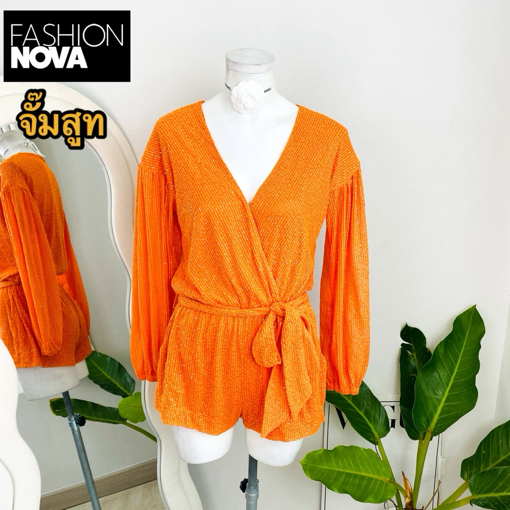 ไซด์ M-L แบรนด์ Fashion novaแท้ 100%🌸จั๊มสูท ผูกโบว์เอว เซ็กซี่ งานเกล็ดวิบวับ สีส้ม ใส่ออกงาน เดรสออกงาน ชุดปาร์ตี้