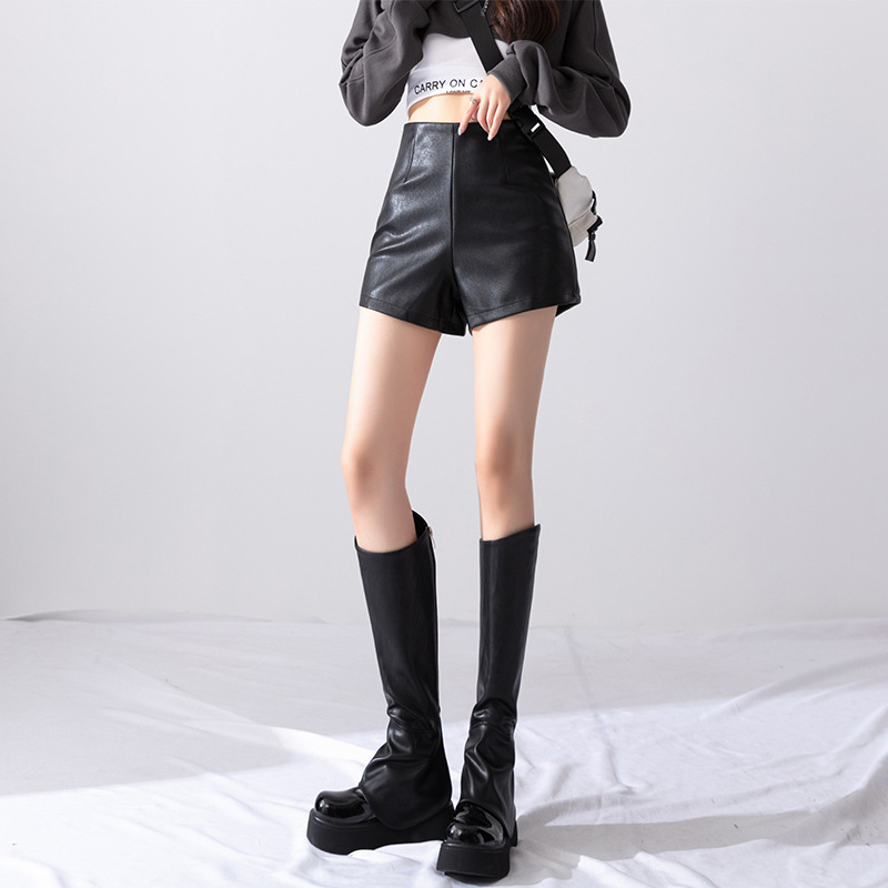 กางเกงขาสั้นเอวสูง กางเกงหนัง KT504 พร้อมส่งในไทย