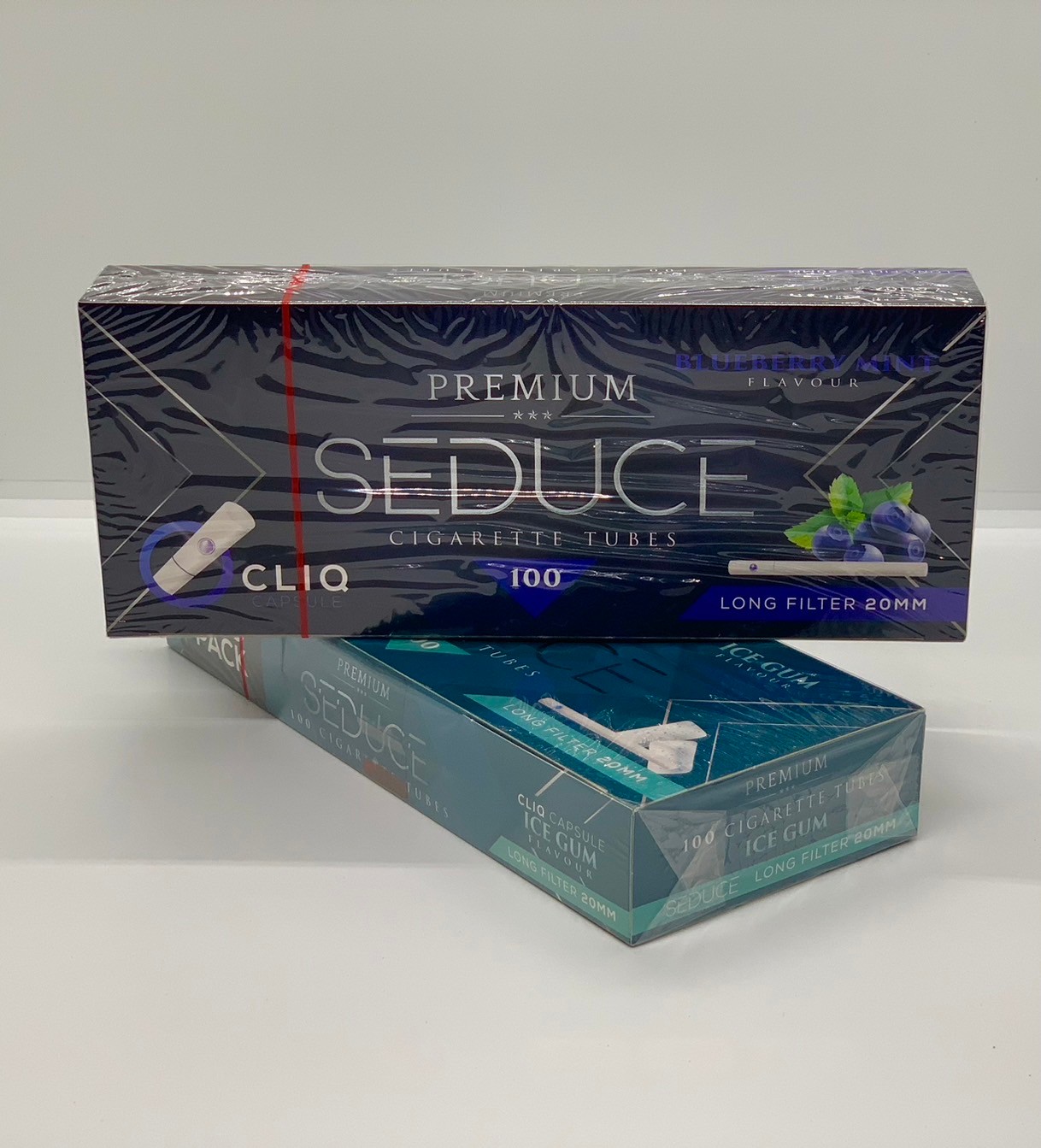 Seduced 2 กล่อง ก้นกรองบุหรี่ รุ่นเม็ดบีบเย็น กลิ่น บลูเบอร์รี่ , หมากฝรั่ง รวม 200 มวน ความยาว 20 มม.