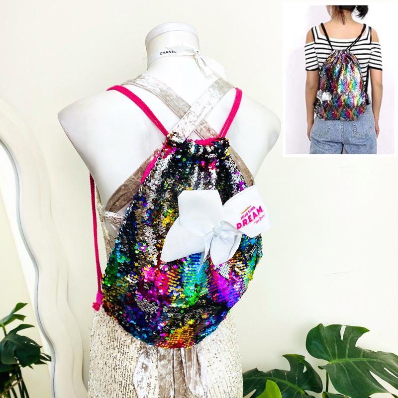 กระเป๋าเป้ ติดโบว์ใหญ่ งานเกล็ดวิบวับ สีรุ้ง เกล็ดซีควิน ปาร์ตี้