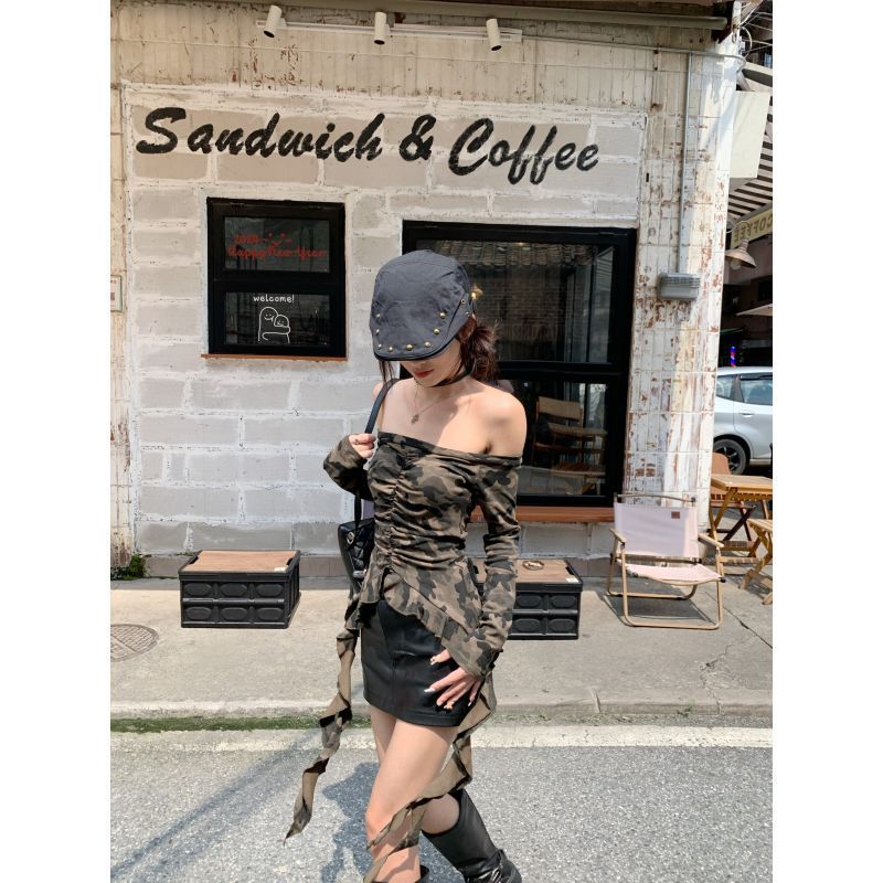 เสื้อปาดไหล่ ทหาร แขนยาว พร้อมส่งในไทย CN1161